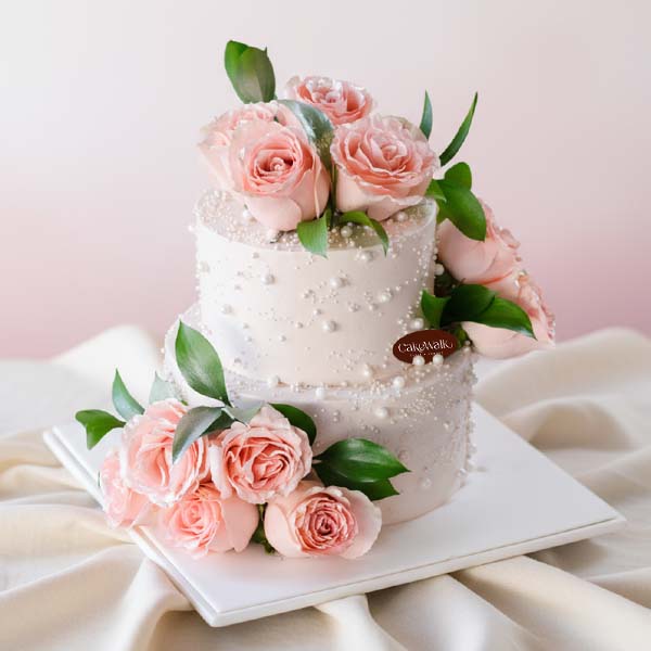 Pink Fresh Flower Cake with pearl detail